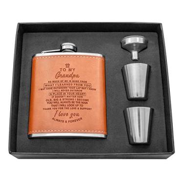 Imagem de Conjunto de cantis personalizados gravados - Flasks de quadril personalizados, presente de marido - Aço inoxidável com cantil de couro para homens, conjunto de presente de casamento personalizado para casamento, namorado, homem e quadril, Brown-For Grandpa, Men's Standard