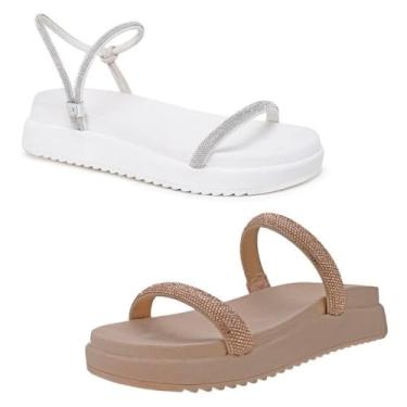 Imagem de Novo Hábito, Kit 2 Sandália Feminina Papete Tira & Papete Tira com Brilho Cor:Branco e Bege;Tamanho:40