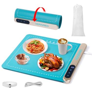 Imagem de HONSREO bandeja de aquecimento elétrica, tapete de aquecimento de silicone com 6 modos de temperatura e 6 configurações de temporizador, desligamento automático, almofada aquecedora de alime