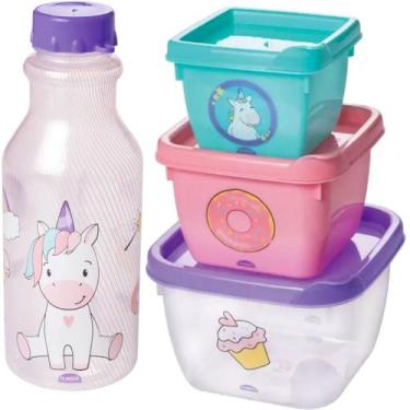Imagem de Kit Porta Lanche Escolar Infantil Unicórnio Garrafinha 500ml - Plasúti