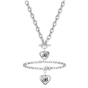 Imagem de VQYSKO Conjunto de pulseira e colar com iniciais de coração de prata - A-Z aço inoxidável com pingente gravado, joia feminina e feminina, presente de aniversário, Aço inoxidável, aço inoxidável