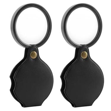 Imagem de QKDS Lupa de bolso de 20x, 2 peças de lupa de bolso pequeno, mini lupa de bolso portátil HD dobrável rotativa para alunos idosos, leitura, inspeção, moeda, joias ou exploração (preto)