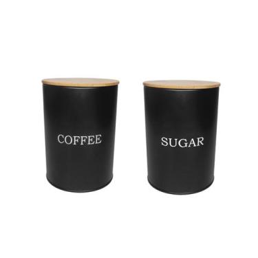 Imagem de Pote Cafe Açucar Porta Mantimento Aço Preto Tampa Bambu Lata - CASACHA