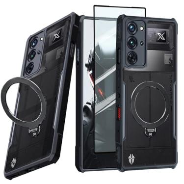 Imagem de Guizzcg Capa para ZTE Red Magic 10 Pro/10 Pro+/10S Pro/10S Pro+ com suporte de anel, amortecedor de TPU macio + airbags de acrílico de grau militar à prova de choque [1 filme temperado], suporte preto