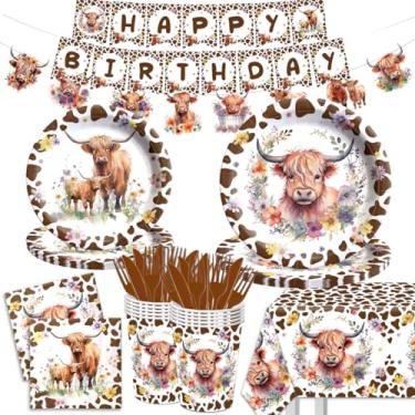 Imagem de CMUSKO Decorações De Aniversário De Vaca Das Terras Altas - 142 Peças Suprimentos Para Festa Com Estampa De Vaca Marrom, Kit De Utensílios De Mesa Descartáveis Para Aniversário Com Tema De Vaca Das