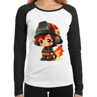 Imagem de Baby Look Raglan Bombeiro Mirim Manga Longa - Foca na Moda, Branco, Pr