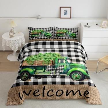 Imagem de Jogo de cama rústico Happy St. Patrick's Day, tamanho Queen, trevo de quatro folhas, decoração de quarto de meninas e meninos, edredom de patchwork geométrico, edredom retrô de fazenda, 2 fronhas