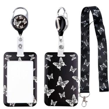 Imagem de BKBKAAK Porta-crachá de borboleta com cordão, porta-cartão de identificação de plástico vertical simples com cordão de pescoço sedoso e clipe retrátil, cordões pretos para professores com chaveiro