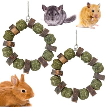 Imagem de Copfeu 2 peças de brinquedos de mastigar coelho hamster gaiola de coelho pendurado anel de mastigar madeira de maçã natural Timothy vara de feno pequenos dentes de animal saúde para porquinho da índia