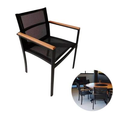 Imagem de Poltrona Cadeira De Jantar Amélia Tela Sling E Alumínio Com Braço Detalhe Madeira Preto