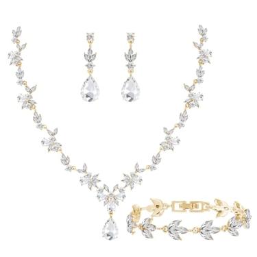 Imagem de Paxuan Conjunto de joias florais elegantes para mulheres/noivas/damas de honra, conjunto de joias de cristal para casamento, formatura, festa, noiva, cristal, colar, brincos, conjunto de pulseiras, 21