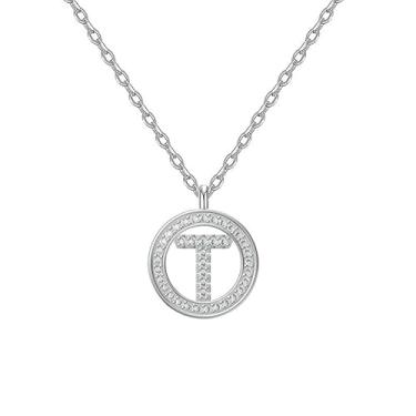 Imagem de EUSJ Colar feminino com inicial de prata 925, banhado a ouro branco 14K, redondo, alfabeto, com pingente de letra com zircônia cúbica, comprimento de corrente de 45,7 cm + 5 cm, presente para mulheres