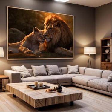 Imagem de Quadro Decorativo com Moldura Sala 130x90 Leoa e Leão Por do Sol Luxo Grande Horizontal
