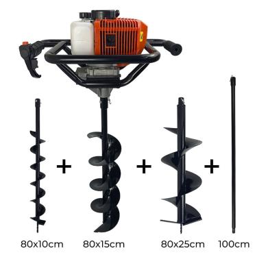 Imagem de Perfurador de Solo A Gasolina 52cc incluso brocas 80x10cm + 80x15cm + 80x25cm + Extensão 100cm Carbon Fak