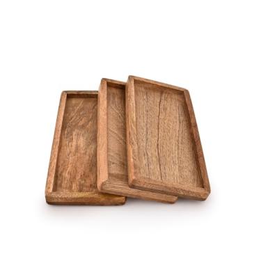 Imagem de BHAVATU Travessa de madeira de manga com borda elevada - Conjunto de 3 para servir charcutaria, sobremesas, molhos, sushi, festas, reuniões de família (25,4 cm x 11,4 cm x 1,9 cm) (conjunto de 3)