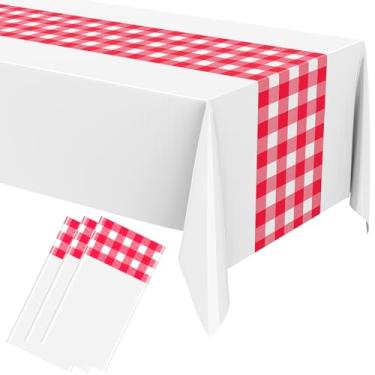 Imagem de Oudain Toalha de mesa descartável de plástico quadriculado com corredor de mesa 277 x 137 cm, capa de mesa retangular xadrez búfalo para festa de aniversário e casamento (vermelho, branco, 3 peças)