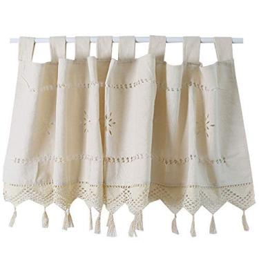 Imagem de LUOFDCLDDD Cortina de meia cortina de algodão natural cortinas de cozinha de cozinha artesanal bordado oco de flores ocas janela de renda boho venance/bege/W * H 150 * 1