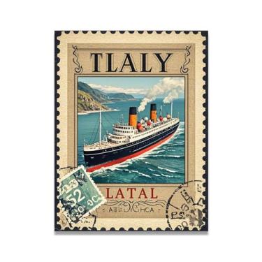 Imagem de Antigo Veleiro Porto Vintage Italian Steamship Impressão em tela - Carimbo de papel envelhecido 50 x 65 cm