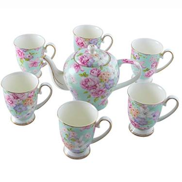 Imagem de Conjunto de chá Bone China Cups Bule rosa com 6 xícaras de chá canecas de café de grande capacidade para chá da tarde e café, azul (azul) (rosa) (verde)