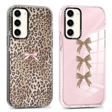 Imagem de RUMDEY Pacote com 2 capas de telefone com estampa de chita fofa para Samsung Galaxy S23 5G capa de laço rosa 15.5 cm, coquete transparente moda luxo design padrão leopardo meninas mulheres Funda capa