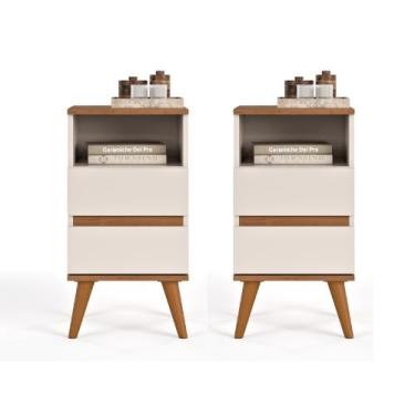 Imagem de Kit 2 Mesa de Cabeceira com 2 Gavetas Criado Lateral de Cama Pop Moderno (Off White/Freijó)