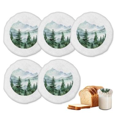 Imagem de Tampas de pote para iniciantes Sourdough, pacote com 5 tampas reutilizáveis de pano de montanha de floresta enevoada para frascos de 7,5 a 10 cm, ideal para kefir de kombucha ou fermentação de queijo