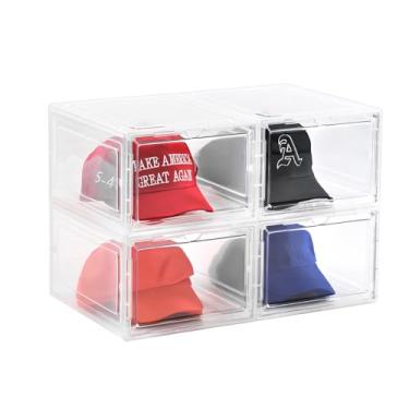 Imagem de beehomay Caixa organizadora de chapéus, caixa de suporte de bonés de beisebol transparentes empilháveis com porta magnética para armazenamento de bonés snapback, armazenamento transparente de chapéu