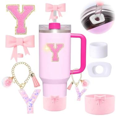 Imagem de 6 peças de acessórios rosa para copo Stanley, decorações para copo de 30/1,134 g com alça, inclui tampa e bota de cobertura de palha de laço, pingente de iniciais, adesivo de letra, tampa à prova de