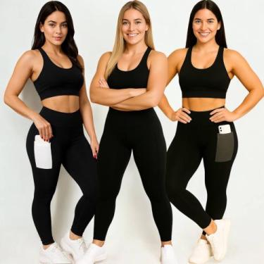 Imagem de Kit c/3 Calça Fitness Legging Leg Treino Casual Bolso Celular NTR 142 