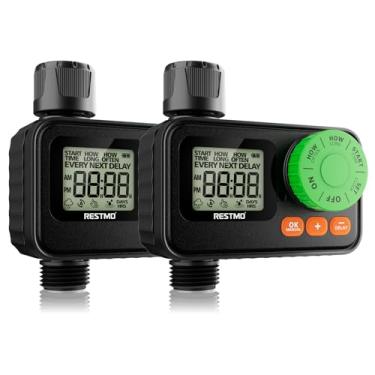Imagem de [Pacote com 2] Temporizador de irrigação RESTMO, temporizador de água programável para mangueira de jardim, controle digital automático | liga/desliga manual | Atraso de chuva para torneira externa