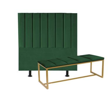 Imagem de Kit Cabeceira Carla E Calçadeira Industrial 90cm Solteiro Box Ferro Dourado Suede Verde