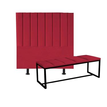 Imagem de Kit Cabeceira Carla E Calçadeira Industrial 90cm Solteiro Box Ferro Preto Sintético Vermelho