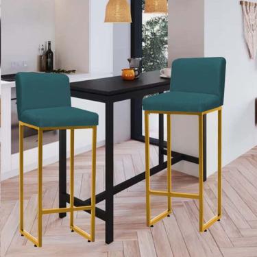 Imagem de Kit 02 Banqueta Alta Com Encosto Lucca Industrial Ferro Dourado Suede Azul Turquesa - Amey Decor