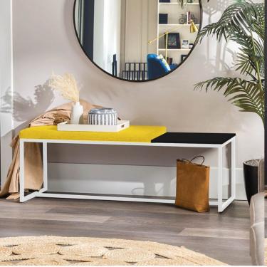 Imagem de Banco Recamier Puff 160cm Industrial Branco Suede Amarelo Tampo Quadrado Mdf Preto