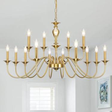 Imagem de LIGHTDAMY 15 Lustres Dourados Claros Para Sala De Jantar, Luminárias Sobre A Mesa, Grande Lustre Fazenda, Velas Industriais Penduradas, Hall Entrada, Escada, Quarto, Cozinha, Ilha, Restaurantes