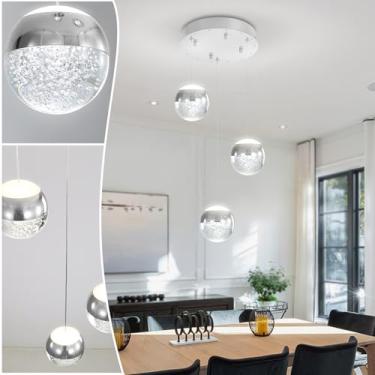 Imagem de Shial Lighting Luminária Pendente De Cristal Moderna, Globo Prateada, Lustre Meados Do Século, Suspensa Com 3 Luzes Para Ilha Cozinha, Lustres Sala Jantar E Quarto