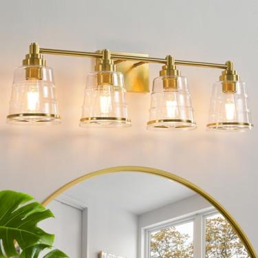 Imagem de Faziyo Luminária De Banheiro Dourada, 4 Luminárias Sobre Espelho Com Cúpula Vidro Transparente E Arandela Parede Base Metal, 29,1 Polegadas, Moderna Para (Exceto Lâmpada E26)