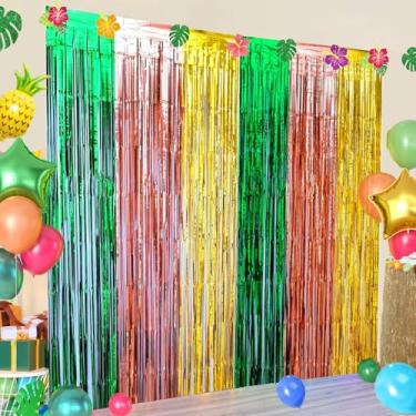 Imagem de MECOLO Decorações Para Festa Havaiana Luau, 2 Pacotes De Cortinas Franjadas 3,3 X 6,6 Pés, Verde, Marrom E Amarelo, Enfeites Cabine Fotos, Cenário Serpentina Aniversário Tropical