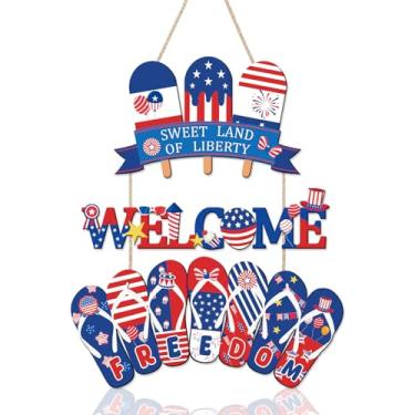 Imagem de HOURIA Placa de madeira da liberdade temática do Dia da Independência, vermelho com azul doce terra da liberdade, chinelos coloridos de sorvete, sinal de porta de boas-vindas de verão para festa