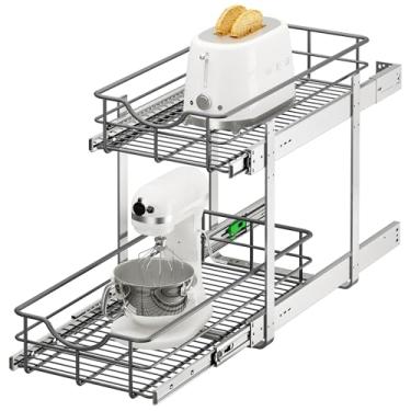 Imagem de ALINE FURNITURE Organizador de armário de 2 camadas – Prateleiras deslizantes de 28 cm L x 56 cm P com forros de prateleira – Gavetas removíveis para armários de cozinha, despensa, banheiro, cestas de