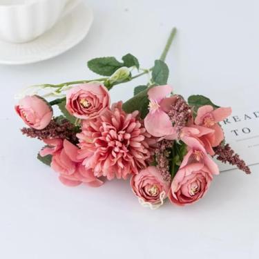 Imagem de LIJUCAI Flores artificiais de hortênsia para scrapbooking, chá, rosa, buquê, vaso para decoração de casa, casamento, faça você mesmo, acessório de guirlanda de festival (3 peças/rosa vermelha)