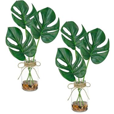 Imagem de unlemoni Pacote com 2 folhas artificiais Monstera em vaso de vidro com pedra de água sintética, planta de palmeira falsa de 35,5 cm, folhas de tartaruga tropicais falsas para decoração de casa
