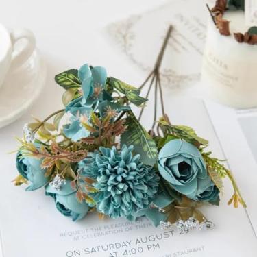 Imagem de Flores artificiais, buquê de rosas, botões de chá, caixa de doces, vaso, decoração de quarto, guirlanda de festival, casamento, seda, hortênsia, flores falsas (1 peça/azul)