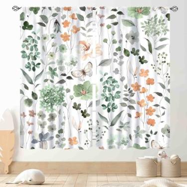 Imagem de Cortinas florais, aquarela, flores silvestres, primavera, plantas, botânicas, estéticas, rústicas, verdes, para sala de estar, quarto, cozinha, banheiro, 2 painéis, 107 x 114 cm