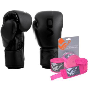 Imagem de Kit Boxe Vollo Luva 10oz Preta + Bandagem 3M Rosa MuayThai - Vollo Spo