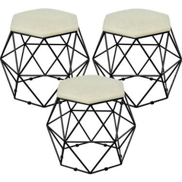 Imagem de Kit 03 Puffs Decorativo Aramado Preto Six L02 Suede Bege - Lyam Decor