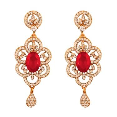 Imagem de Brincos de joia femininos em tom dourado antigo com strass e ametista roxa falsa indiana Bollywood da Touchstone Vermelho