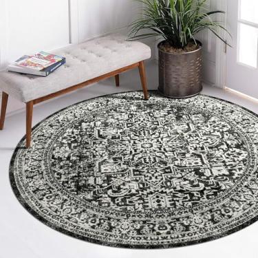 Imagem de vivorug Tapete redondo de 1,8 m de inspiração vintage, tapete antiderrapante para sala de estar e quarto, entrada, resistente a manchas, decoração de casa, tapete circular, preto e branco