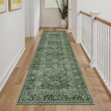 Imagem de WondRg Tapete de corredor vintage lavável verde escuro 6 x 20 cm para corredor de cozinha, antiderrapante, tapete rústico, desgastado, leve, aspirável, macio, para entrada e quarto