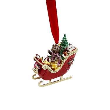 Imagem de Enfeite de trenó de urso de pelúcia de Natal, decoração festiva esmaltada, fita vermelha pendurada, presente de decoração de árvore de Natal